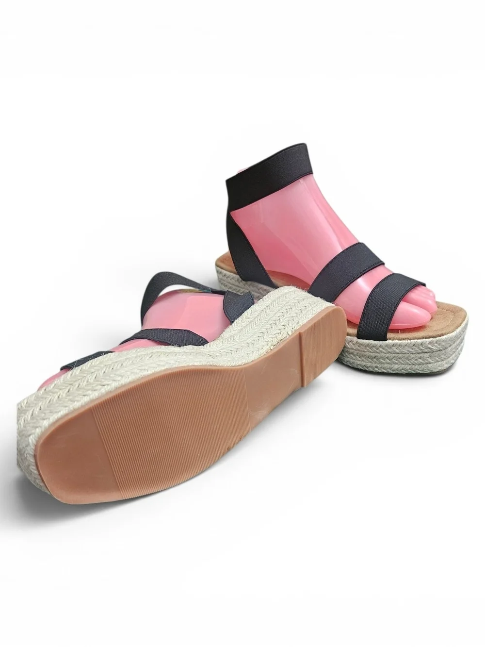 Black Elastic Strap Espadrille Wedge Sandals